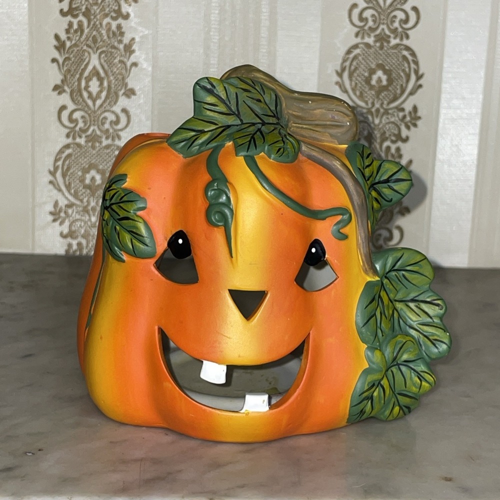 Vintage Whimsical Ceramic Smiling Pumpkin w Leaves Stem Tea Light Candle Holder